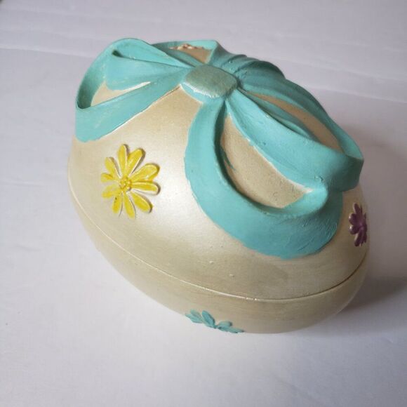 Cute Vintage 80s Hand Painted Pastel Blue Ceramic Easter Egg Trinket Bowl - Picture 2 of 5